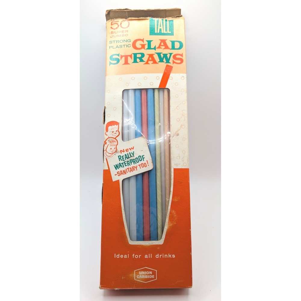 Vintage Glad Straws 50 Super Jumbo Tall Strong Plastic Union Carbide Retro Box